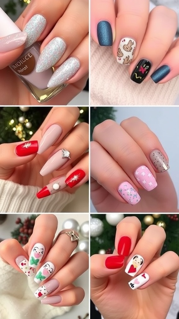A display of Christmas-themed nail designs for 2025, featuring glitter, holiday art, and minimalist styles.